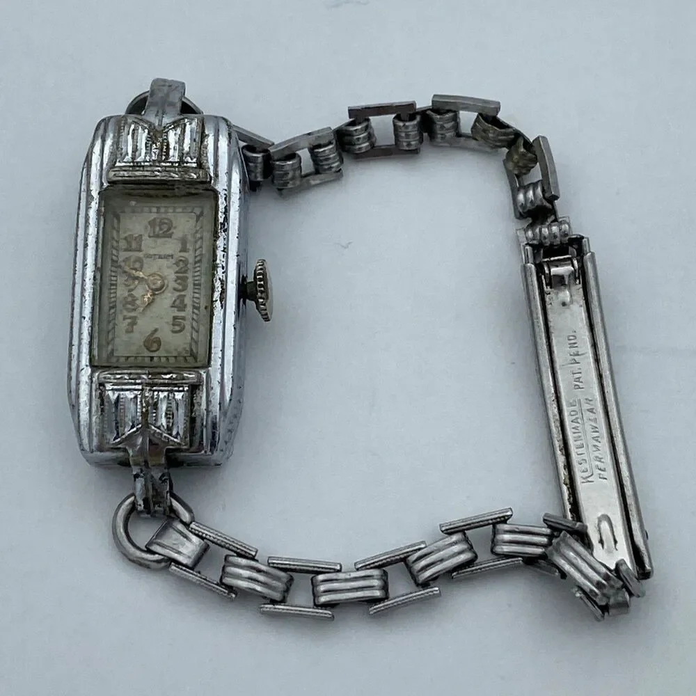 Art Deco Gotham Ladies Wrist Watch Chrome Plated & Kestenmade Permawear Bracelet